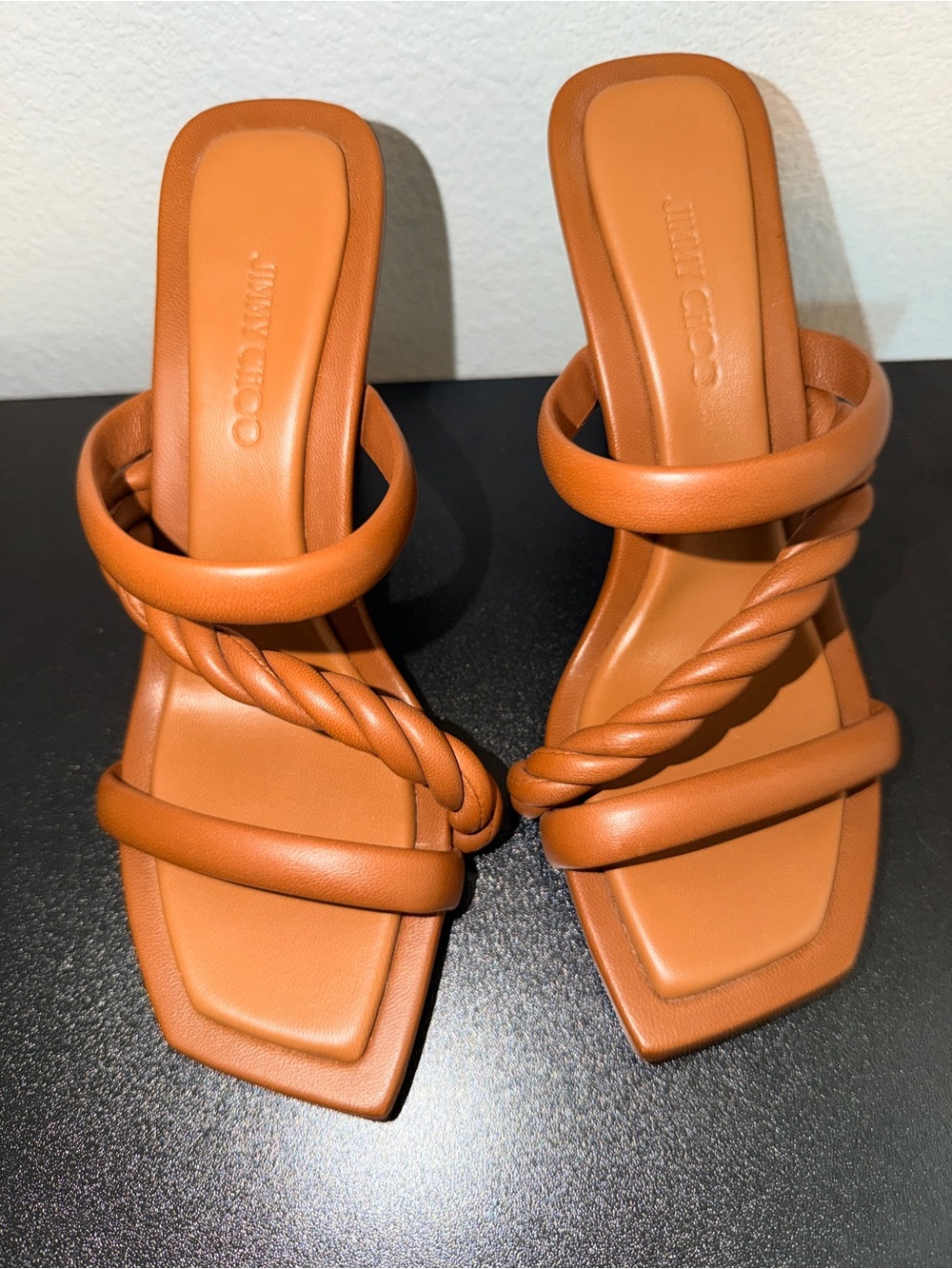 Jimmy Choo Cognac Braided-Strap Leather Slide Sandals - size 37.5